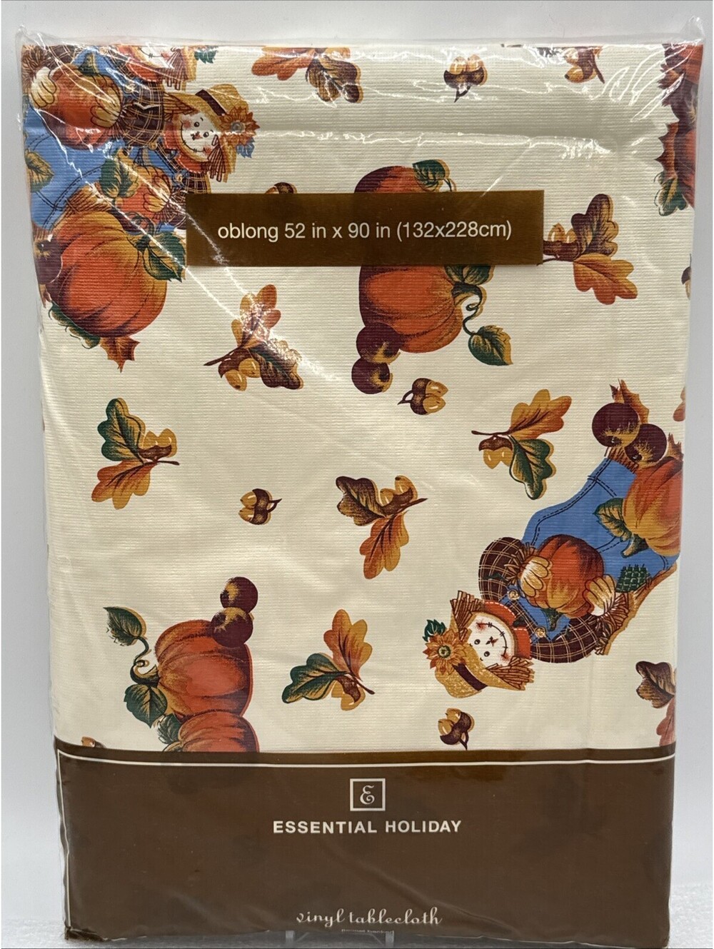 Vintage Vinyl Flannel-Backed Tablecloth Oblong 52x90” Fall Scarecrows Pumpkins